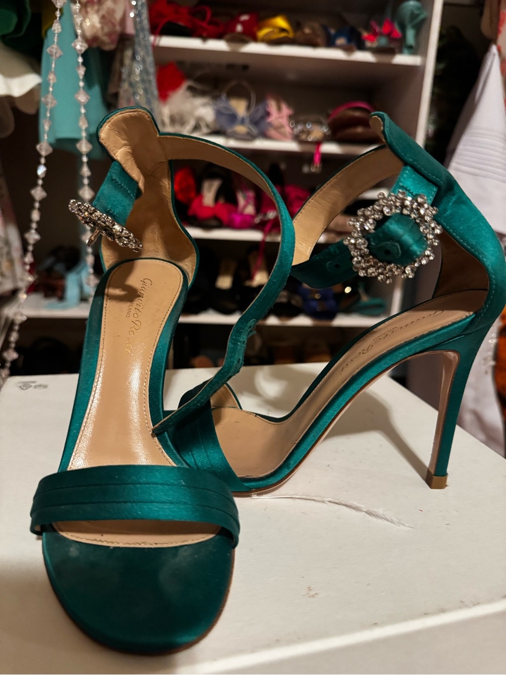 Gianvito Rossi Teal Satin Crystal-Ankle Strap Stilettos
